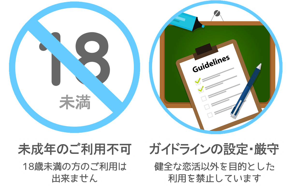 未成年のご利用不可18歳未満の方のご利用は出来ません-ガイドラインの設定厳守健全な恋活以外を目的とした利用を禁止しています